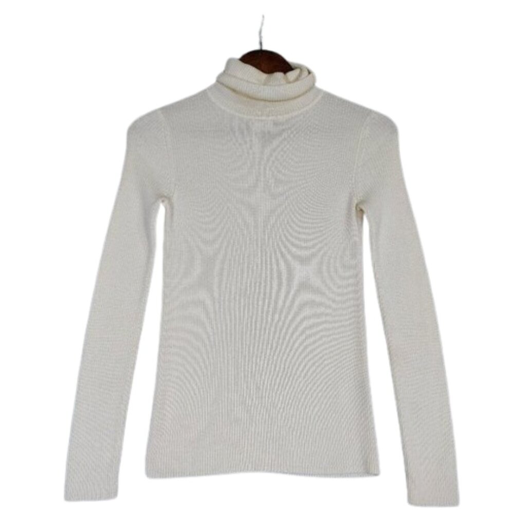 Uniqlo Sweater Women's Small Creamy White 100% Wool Ribbed Turtleneck Minimalist